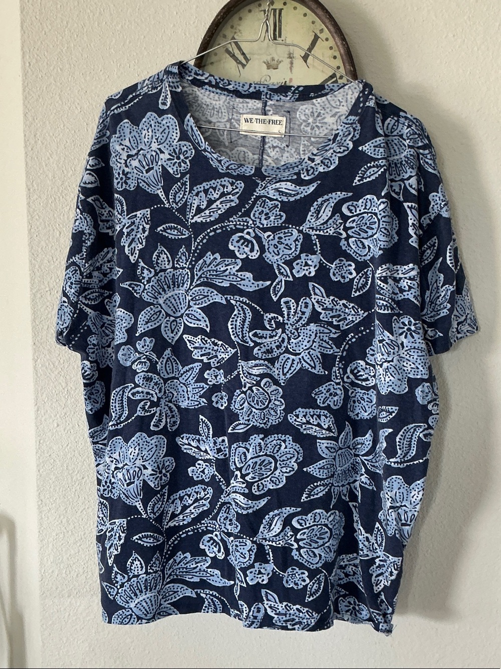 We The Free Navy and Light Blue Floral Short Sleeve Tee